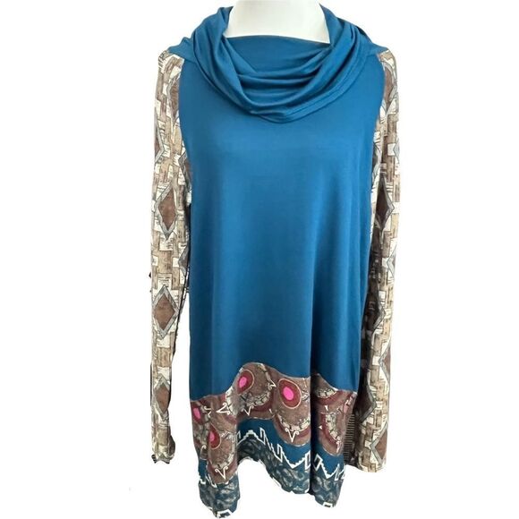 Vintage Sun & Moon Hippie Boho Mixed Print Jersey Knit Cowl Neck Sweater Large - Picture 1 of 7